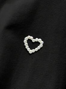 INAWLY 人造珍珠心形图案休闲圆领短袖T恤，夏季百搭 - 黑色 - 查看 3