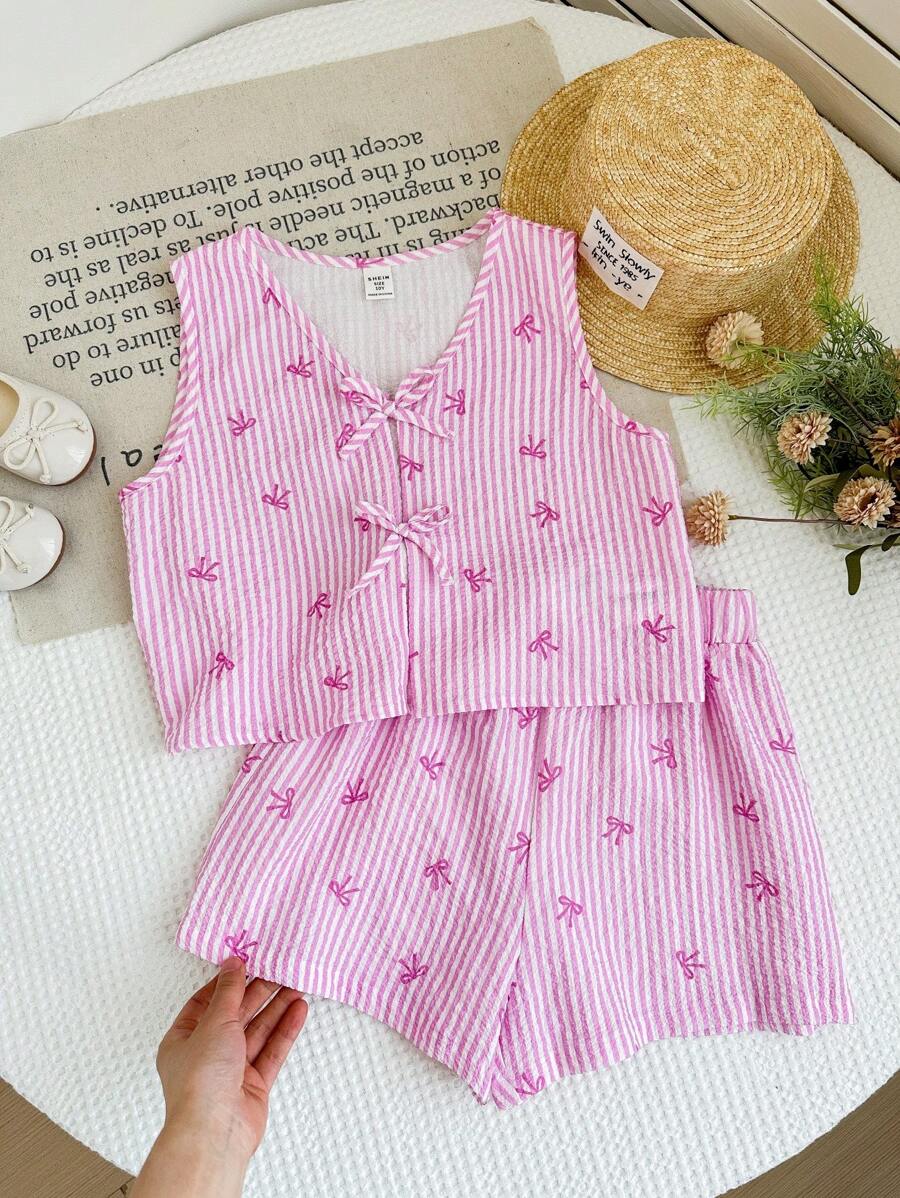 SHEIN LMoss Kids 2pcs Tween Girl Woven Striped Casual Top & Shorts Set - Blue and White - View 1