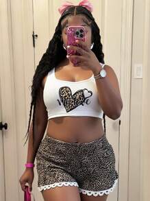 Slaydiva Damen Leopard Herz Muster Top & Shorts Zweiteiler für den täglichen Gebrauch, Rave - Khaki - Übersicht 4