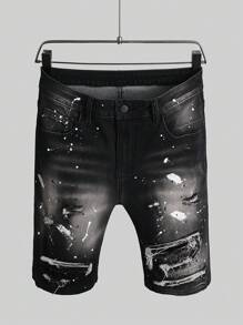 Manfinity Homme Men's All Over Print Distressed Pocket Casual Denim Shorts Men S Designer Jeans Ripped Jean Shorts Men Tropical Street Hang Out, Emo Style - Dark Grey - View 1