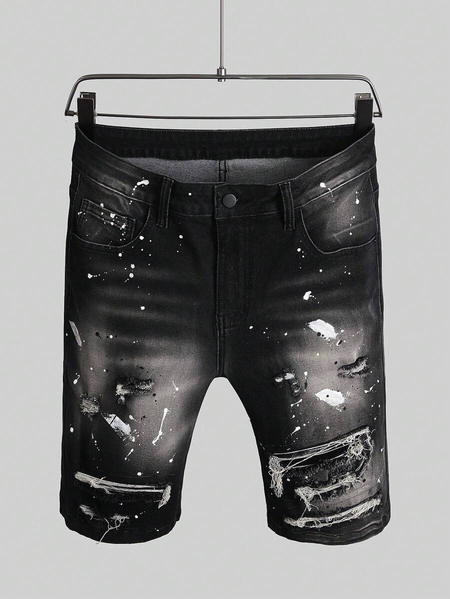 Manfinity Homme Men's All Over Print Distressed Pocket Casual Denim Shorts Men S Designer Jeans Ripped Jean Shorts Men Tropical Street Hang Out, Emo Style - Dark Grey - View 1