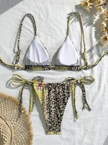 SHEIN Swim 女士豹纹花卉印花性感系带比基尼套装，高弹力假日休闲沙滩派对日光浴泳装，夏季 - 彩色 - 查看 2