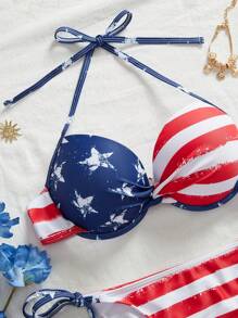 Swim Mod Bộ bikini dây thiết kế cờ Hoa Kỳ ngày 4 tháng 7 có đệm và họa tiết ngôi sao sọc - Nhiều màu - Xem 3