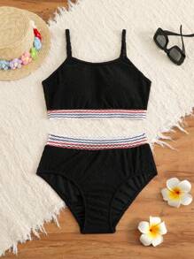Maiô Bikini de duas peças com decoração de fita de contraste, cor sólida, para adolescentes, para praia e férias de verão