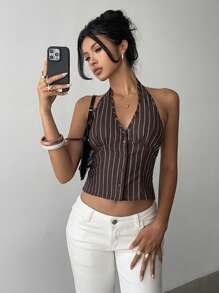 Aloruh Women Cotton Striped Stand Collar Single-Breasted Top Thin Blazer In Fall/Winter - Brown - View 4