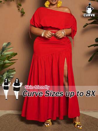 SHEIN CURVE+ 加大码纯色短款上衣和高开叉下摆半身裙两件套，节日时尚