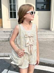 青少年女孩优雅提花蝴蝶结蕾丝无袖开衫和短裤两件套 - 杏色 - 查看 5
