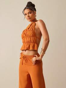Hauture Summer Vacation Boho Solid Linen Shirred Halter Backless Top - Khaki - View 4