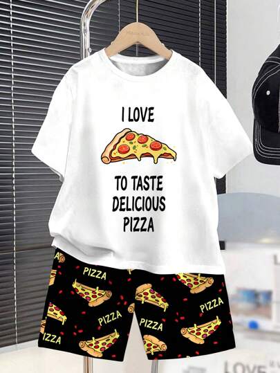 SHEIN Tween Boy Pizza & Letter Print Graphic Short Sleeve T-Shirt With Shorts, Casual Simple Design For Summer, Loose & Comfortable Pajamas 2pcs Set