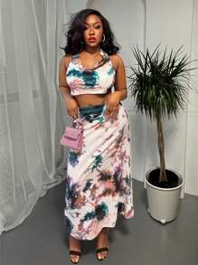 Slaydiva 2022 New Women's Plus Size Holiday/Tropical Resort/Beach Party/Club/Date Tie Dye Draped Neck Cropped Top And Bodycon Maxi Skirt 2 Pieces Set - Multicolor - View 4