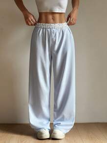 Flirla Women's Striped Waistband & Ditsy Ditsy Floral Casual Loose Straight Leg Pants, Versatile For Daily Wear & Commute, Summer - Blue and White - View 3