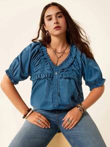 SHEIN LUNE Plus Size Women Slouchy Casual Style Summer Fourth Of July Women Cozy Fit Sweet Blouse Holiday Teacher Boho Graduation Blouse Beach Vacation - Blue - View 7
