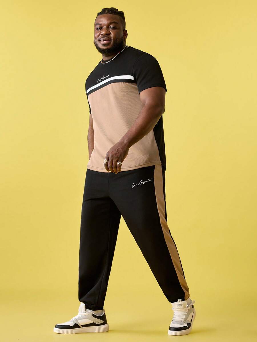 EASEVO Men's Plus Size Color Block Letter Print Casual T-shirt And Jogger Pants 2pcs/set - Multicolor - View 1