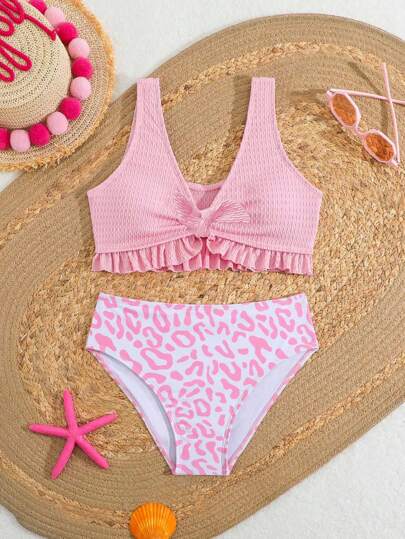 女童纯色吊带比基尼两件套泳衣套装