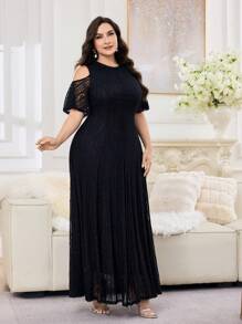 Modelyn Đầm ren trễ vai tay ngắn thanh lịch cho nữ cỡ lớn - màu đen - Xem 5