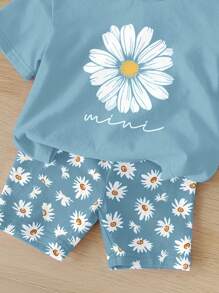 SHEIN Conjunto de 2 piezas de pantalón corto y manga corta casual y minimalista para niñas, apto para el verano