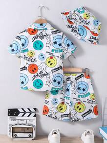 Set de 3 piezas para niños pequeños que consta de camisa de manga corta con diseño de conejo casual, pantalones cortos y sombrero de cubo. Adecuado para ropa infantil, ropa de niños pequeños, apto para uso diario, ir a la escuela, estar en casa, uso diario, usar en la escuela, viajes, deportes, y apropiado para las temporadas de primavera y verano.