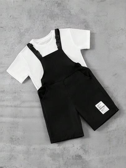 SHEIN Explorewe Tween Boy Casual märke sommar T-shirt & lösa shorts med rem, löst och bekvämt för fritid och semester