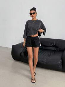 SHEIN EZwear 女式复古纯色落肩短款T恤，休闲夏日