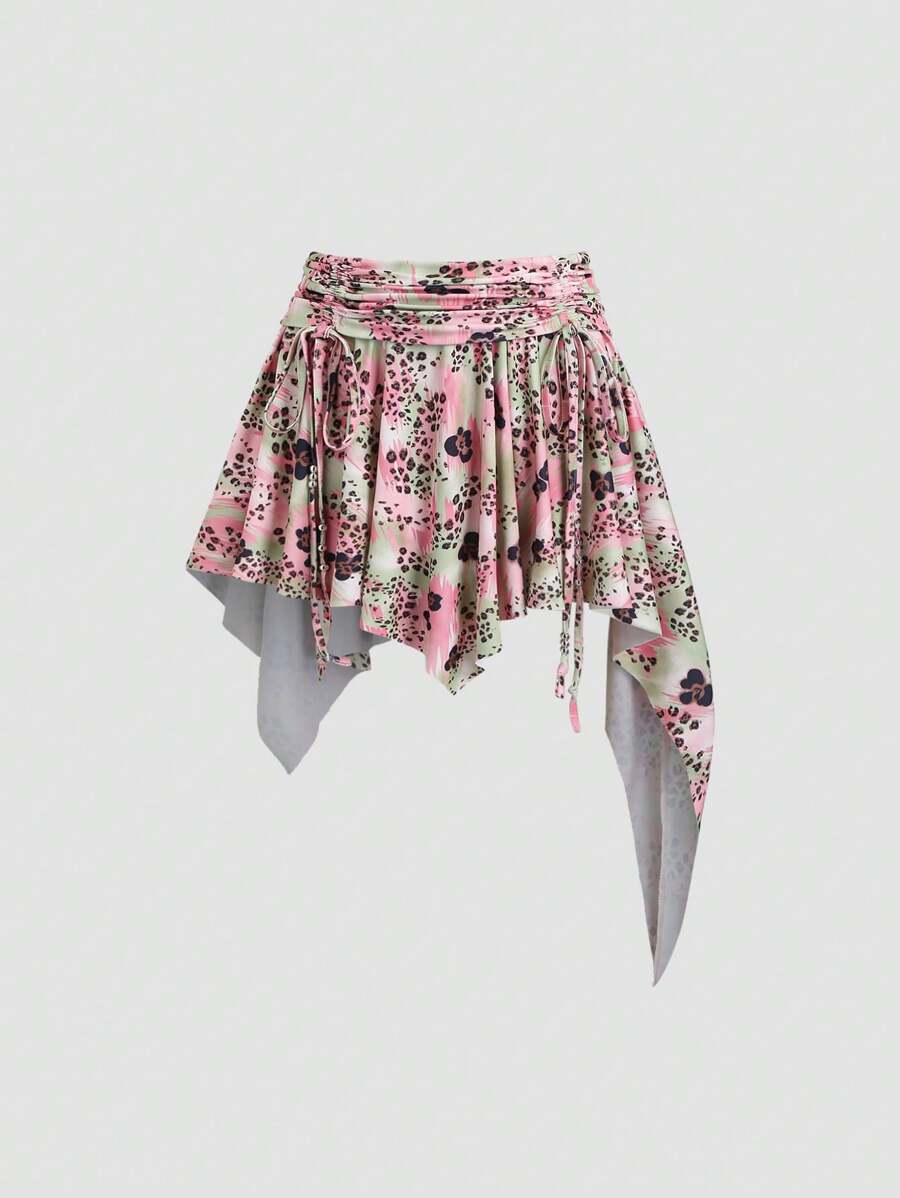 Sweetra Women's New Fashion Summer Pink-Green Floral Leopard Print Ruffle Drawstring Waist Western Style Beach Casual Asymmetric Ruffle Hem Asymmetrical Mini Skirt - Multicolor - View 1