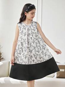 فستان من البناتالصغيرات مطبوع بالأزهار مخصر بشكل جيب مع فيونكة خلفية، سيلويت مرتفع وأنيق