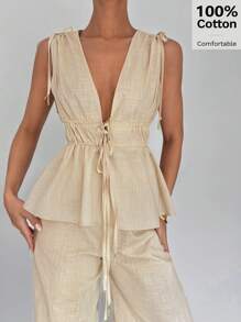 Siren Gaze 100%Cotton Women's High-Waist Drawstring Adjustable Ruched Shirt And Pants Set, Ladies 2 Pieces Outfit, Linen Clothing,Summer Outfits For Women,Vacation Outfits Woman,Business Casual Woman,Linen Suits,Butter Yellow - Apricot - View 6