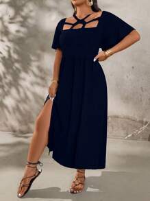 SHEIN Holidaya Women's Plus Size Elegant Solid Color Hollow Hem Slit Dress - Navy Blue - View 8