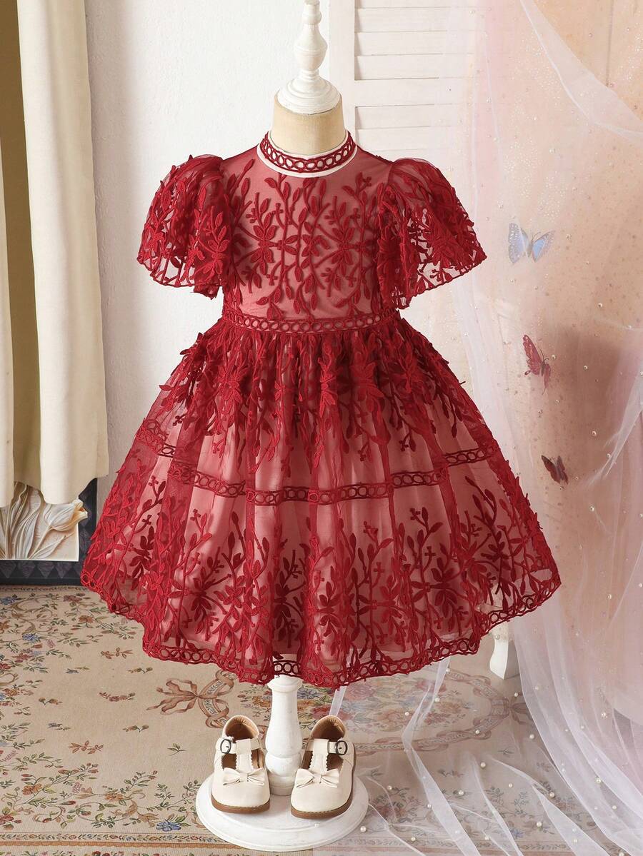 SHEIN 少女立领泡泡袖时尚优雅荷叶边连衣裙