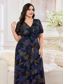 Modelyn 大码女式夏季全印花V领短袖连衣裙 - 彩色 - 查看 1