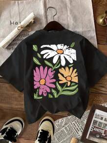 SHEIN LUNE 女式花卉印花圆领短袖休闲T恤，夏季 - 黑色 - 查看 2