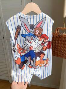 Bubblio 新生儿男童可爱卡通图案条纹短袖夏季连体衣 - 彩色 - 查看 4