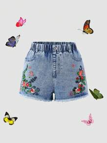 Short vaquero de niña preadolescente con lavado en frío, cintura elástica, bordado de flor y bolsillos con borde en denim, estilo calle - Lavado ligero - Ver 3