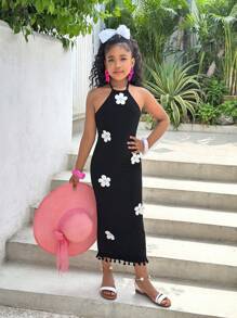 SHEIN Vestido de vacaciones elegante con escote halter, ajustado y con estampado floral para niña preadolescente