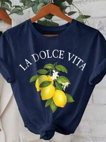 Women's Casual Letter & Fruit Print Round Neck Short Sleeve T-Shirt, Summer - Navy Blue - View 1