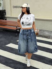 SHEIN ICON Y2K 街头服饰洗水工装宽松牛仔裤 - 深色水洗藍 - 查看 4