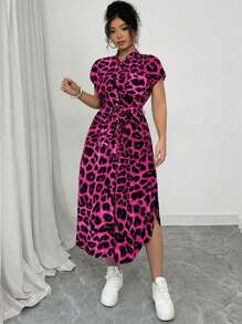 Elenzga Vestido casual de club para mujer talla grande de diseño elegante con estampado de leopardo, cuello, mangas raglán, cinturón, lazo, botones de madera delanteros. Diseño a la moda, para primavera/verano - Multicolor - Ver 3