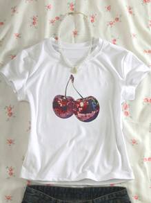 INAWLY Women's Cherry Print Short Sleeve T-Shirt, Casual Summer