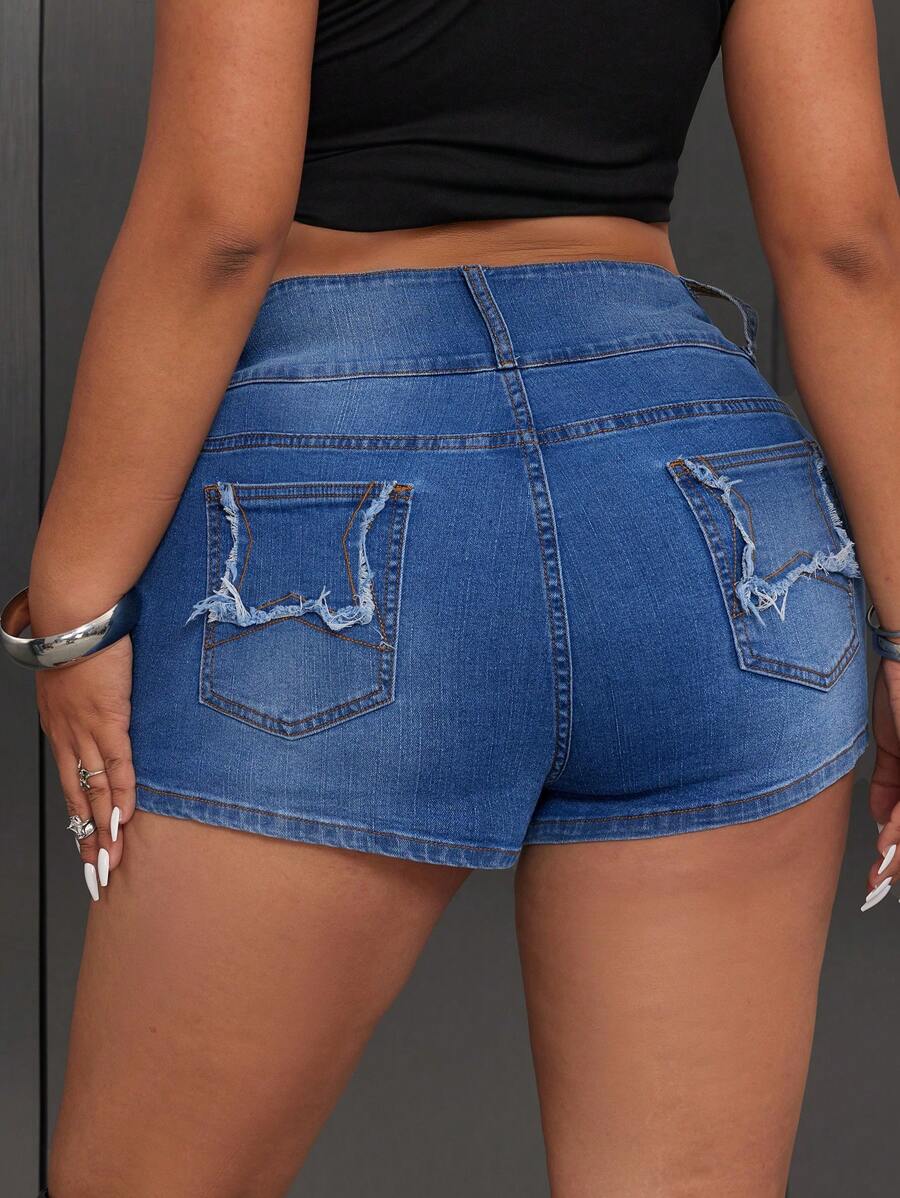 SHEIN ICON Summer Fashion Washed Elastic Slim Fit Shorts - Medium Wash - View 1