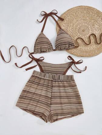 SHEIN Swim Curve Plus Size Women's 3pcs Swimsuit Set, Striped Tie-Front Tankini Top With Triangle Cups & High Cut Shorts Bottom Plus Cover Up, Sexy Beach Vacation For Summer