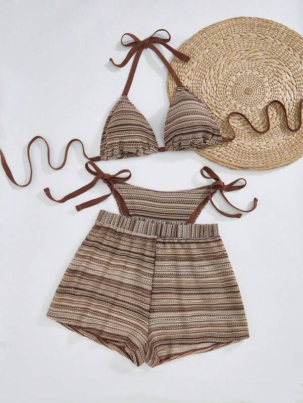 SHEIN Swim Curve Set de costume de baie pentru femei mărime mare, 3 piese, top tankini cu dungi și legături în față, cupe triunghiulare și pantaloni scurți decupați, plus cover up, vacanță sexy la plajă