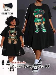 SHEIN CURVE+ 大码休闲可爱卡通熊图案宽松圆领短袖迷你连衣裙，曲线加大，波西米亚风女士度假海滩装/沙滩裙/海滩度假装/海滩必备品/毕业/茶会礼服 - 黑色 - 查看 1