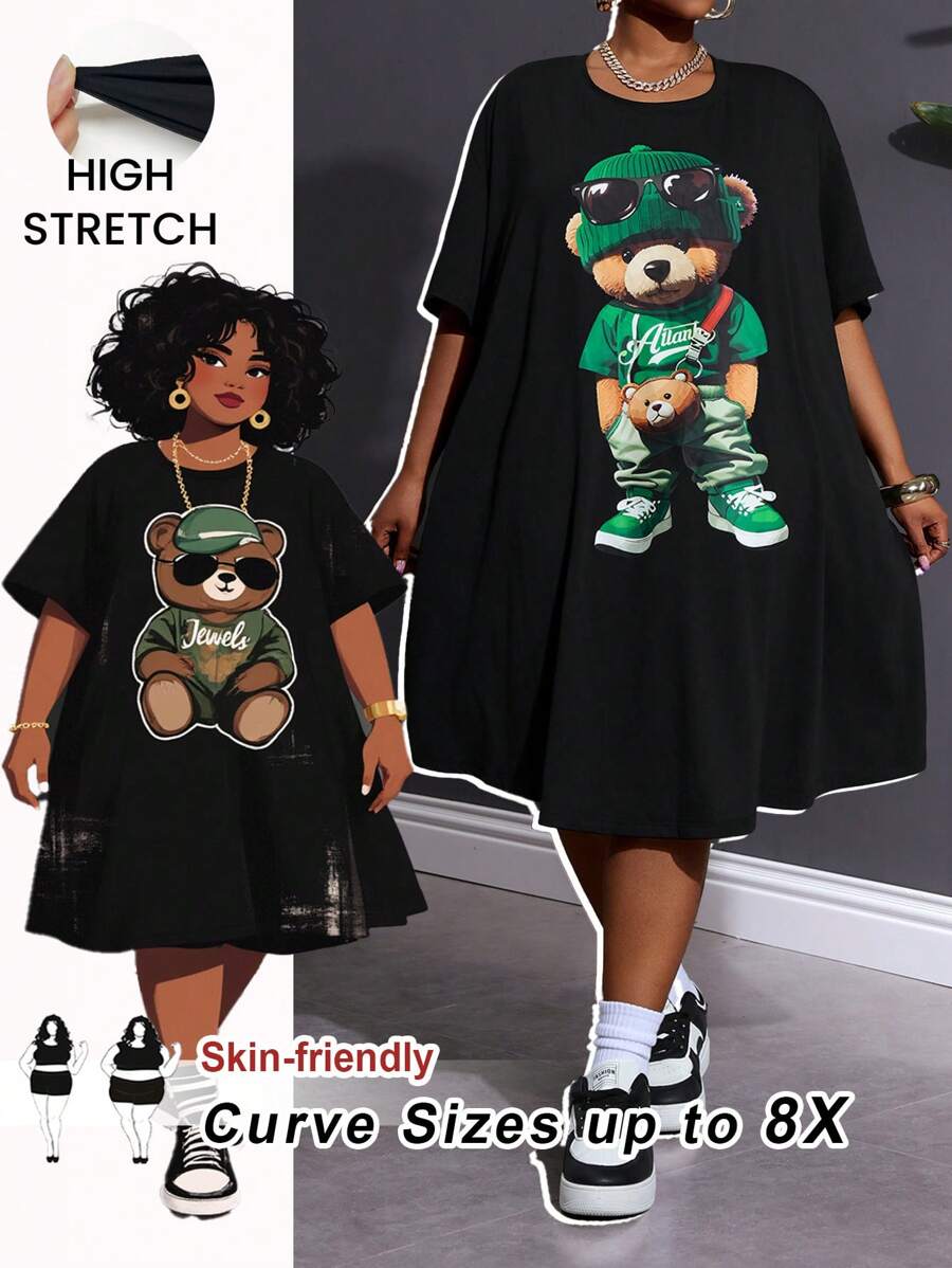 SHEIN CURVE+ 大码休闲可爱卡通熊图案宽松圆领短袖迷你连衣裙,曲线加大,波西米亚风女士度假海滩装/沙滩裙/海滩度假装/海滩必备品/毕业/茶会礼服 - 黑色 - 查看 1