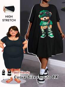 SHEIN CURVE+ 大码休闲可爱卡通熊图案宽松圆领短袖迷你连衣裙，曲线加大，波西米亚风女士度假海滩装/沙滩裙/海滩度假装/海滩必备品/毕业/茶会礼服 - 黑色 - 查看 8