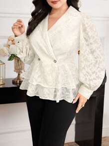 Modelyn Plus Size Women Jacquard Lapel Neck Long Sleeve Ruffled Hem Blouse - Apricot - View 1