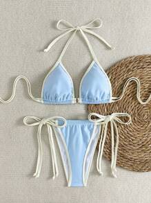 SHEIN Swim Women's Contrast Color Tie-Up Vacation Style Bikini Set For Summer