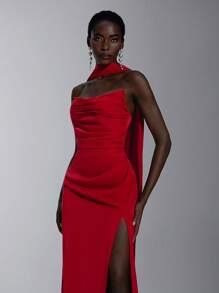 SHEIN Belle Elegant, Romantic, Crimson, Satin, Woven Matte Ribbon Trim, Off-Shoulder, Tube Top, Pleated, Bodycon, Mermaid Hem, Wedding Guest, Party, Bridesmaid Dress - Red - View 5