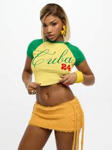 SUMWON WOMEN Áo crop top tay ngắn có logo phong cách cổ điển của trường đại học Áo thun bó cho bé mặc dạo phố thường ngày mùa hè Raglan phong cách bóng chày - Màu vàng - Xem 6
