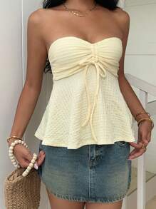 SHEIN EZwear Yellow Knitted Bandeau Top For Women, Minimalist & Fashionable, Suitable For Summer