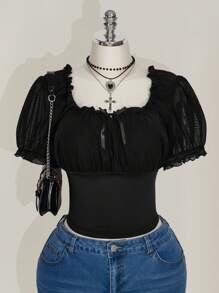 SHEIN ICON Plus Size Square Neck Ruffle Mesh Puff Sleeve T-Shirt, Cute Summer T-Shirt, Summer Vacation Goth Goth - Black - View 1