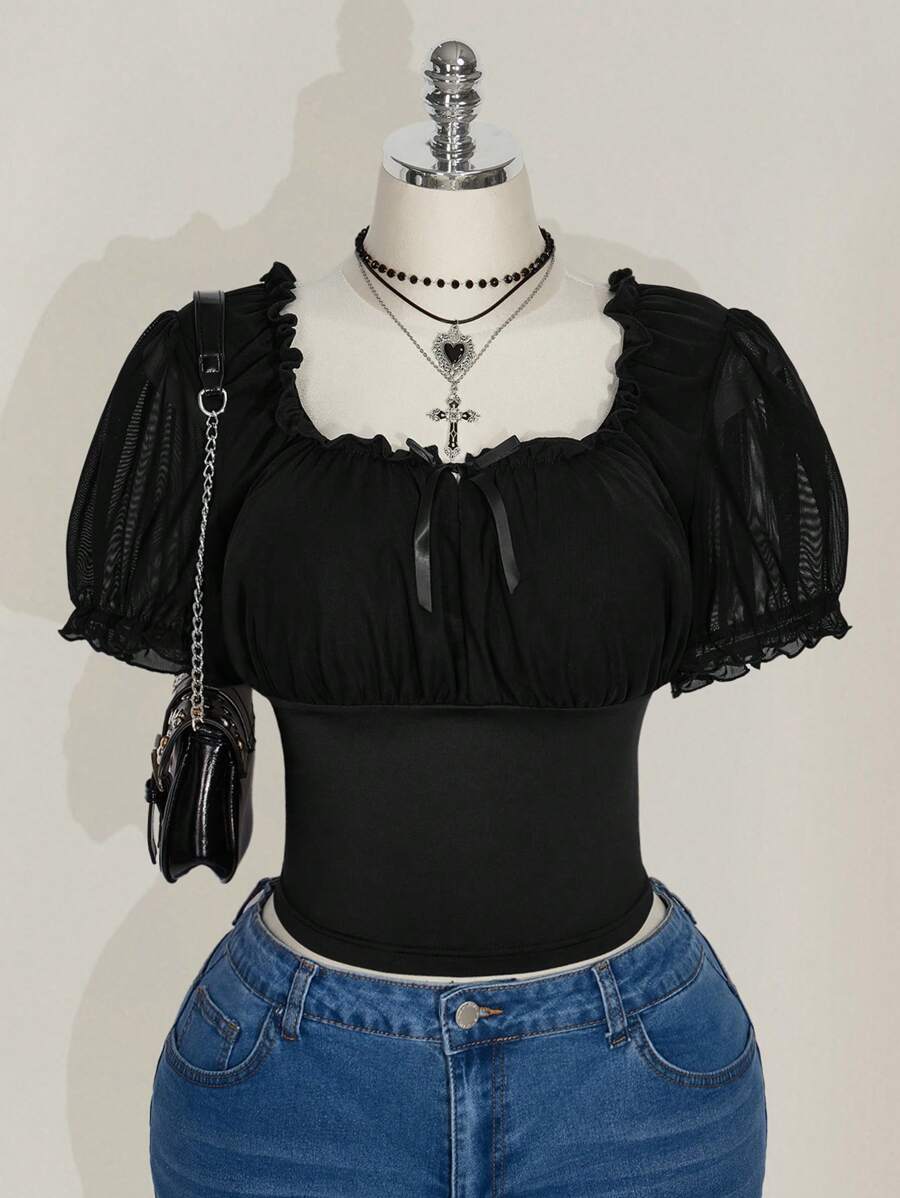 SHEIN ICON Plus Size Square Neck Ruffle Mesh Puff Sleeve T-Shirt, Cute Summer T-Shirt, Summer Vacation Goth Goth - Black - View 1